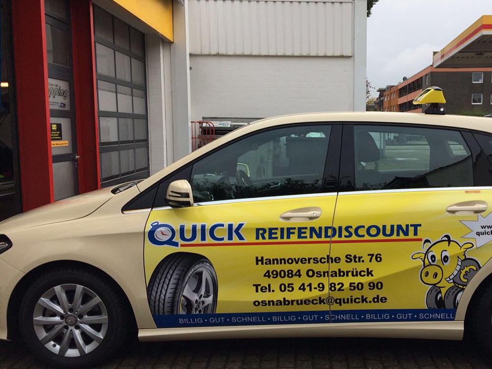 Seit 2014 ist die Firma Quick Reifendiscount mit mehreren Fahrzeugen in Osnabrück mit unserer Taxi Werbung vertreten. Weitere Orte sind bereits heute in Planung.