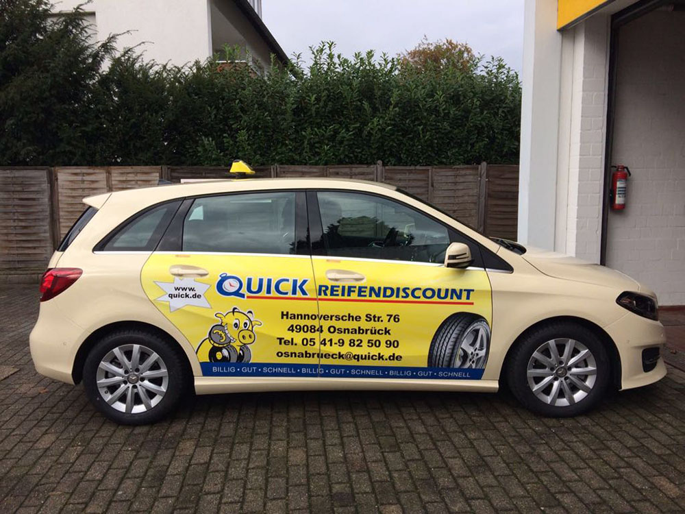 Seit 2014 ist die Firma Quick Reifendiscount mit mehreren Fahrzeugen in Osnabrück mit unserer Taxi Werbung vertreten. Weitere Orte sind bereits heute in Planung.